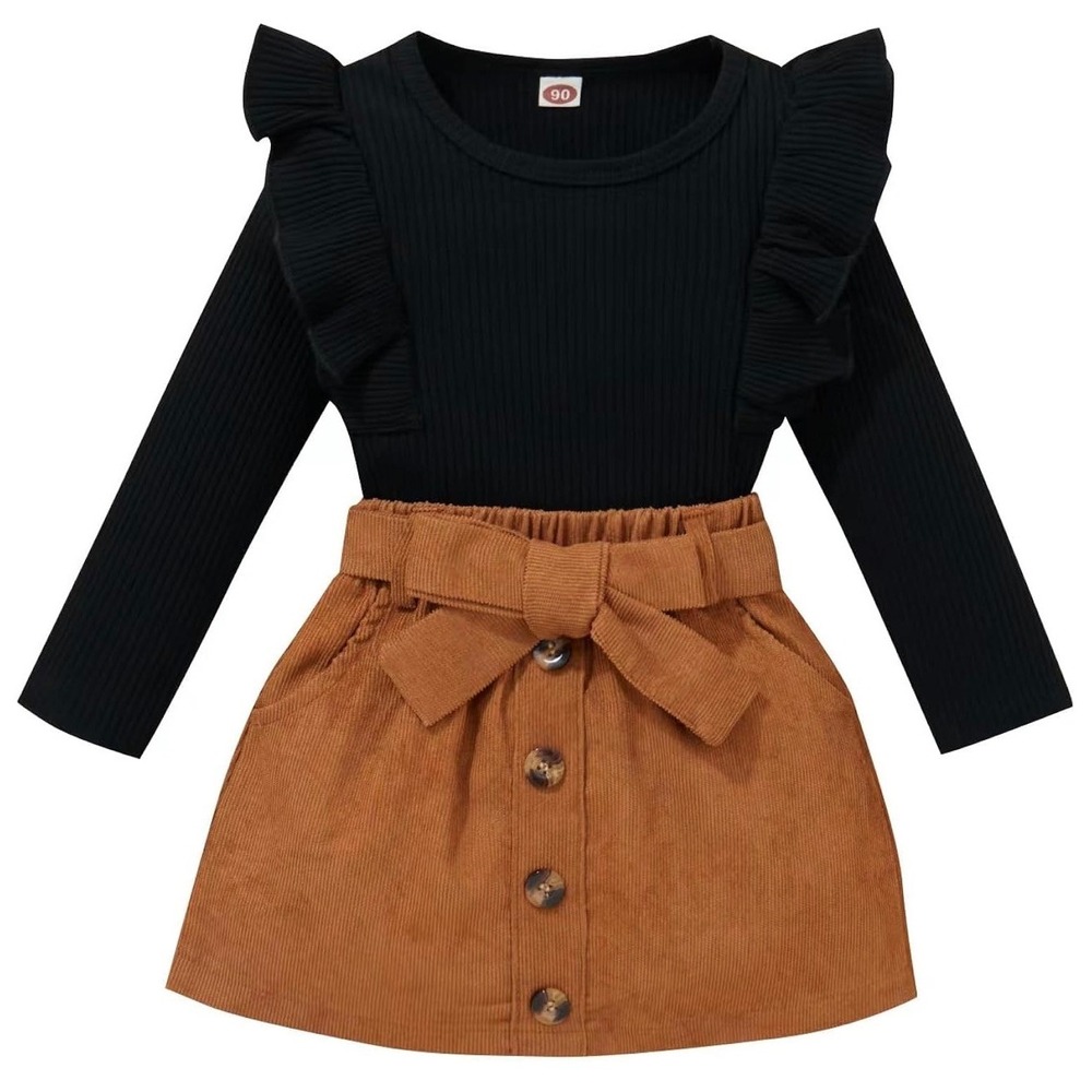 Girls Black Ruffle Ribbed Bodysuit and Tan Corduroy Skirt Set 12-18M with Belt